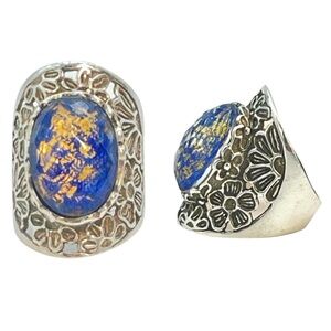 Silver Floral Saddle Style Ring Faceted Crystal Over Blue Stone 925 Sterling